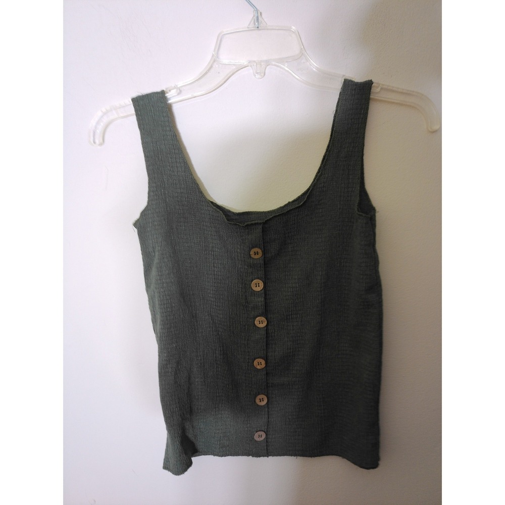 QU STYLE Button Front Tank Women XS Olive Green Gauzy Crinkle Boho Coastal
